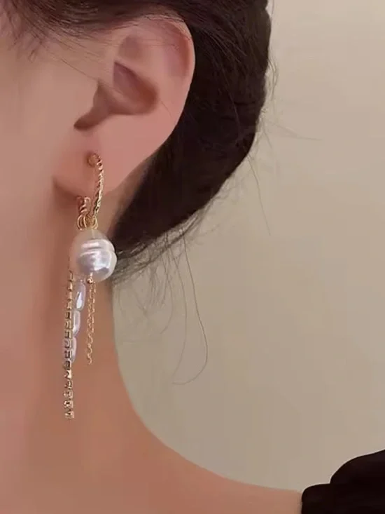 Anthropologie Gold and Pearl Fringe Hoop Earrings - Picture 3 of 6